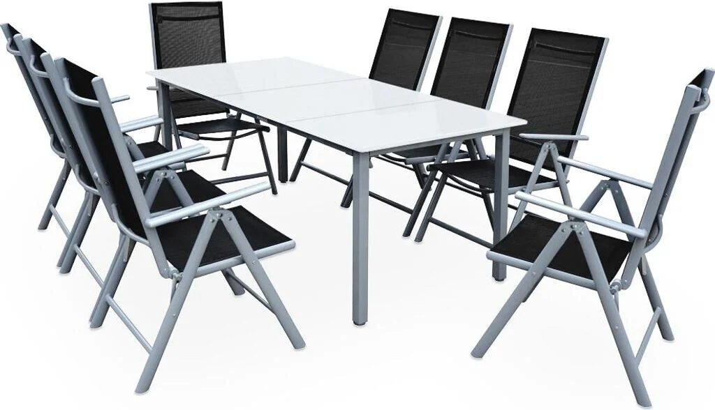 Gartensitzgruppe Bern 9 teilig 8 Personen Aluminium silber Milchglas